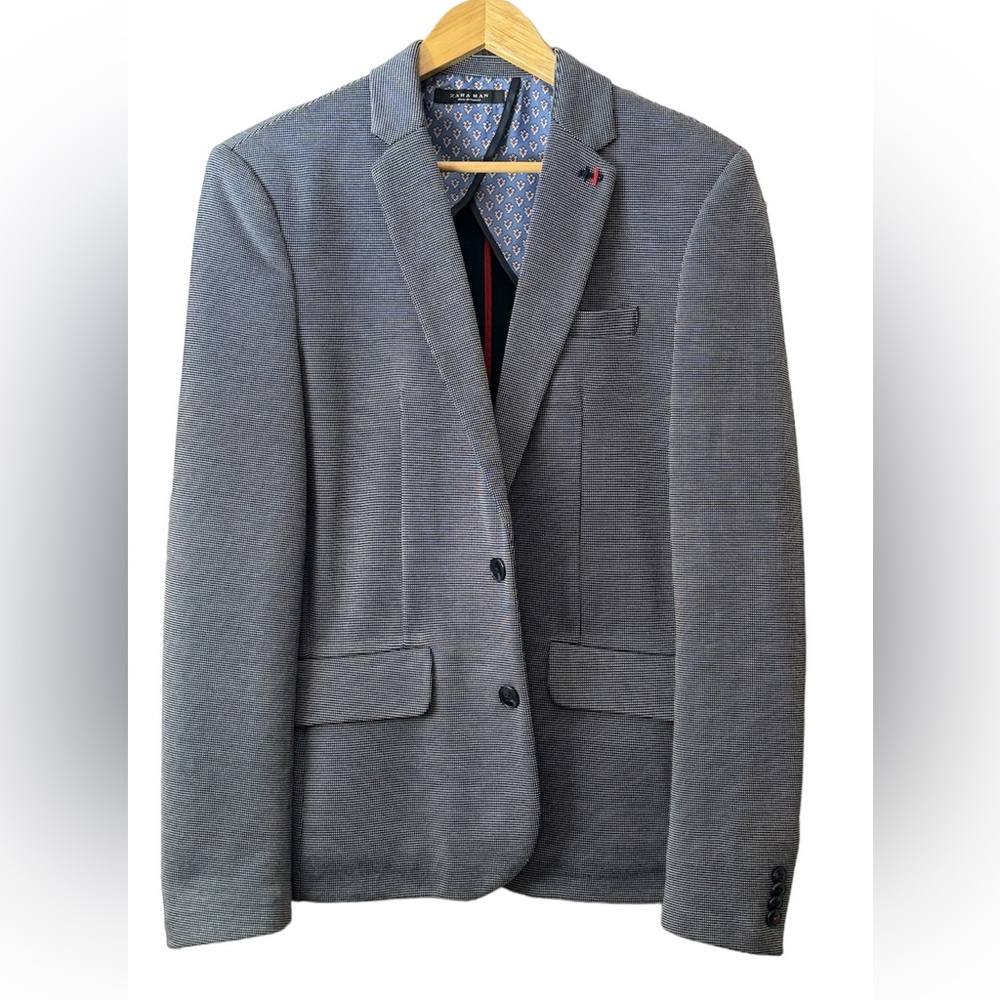 Zara Man Blue Grey 2 Button Blazer Jacket Sports Coat Slim Fit Size L Textured